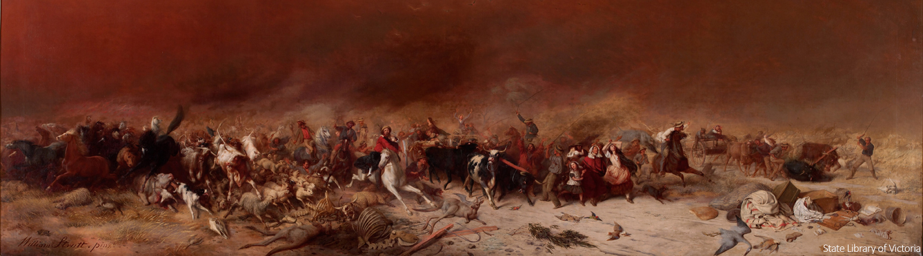 The Black Thursday bushfires, February 6, 1851, as depicted by William Strutt in 1864. Credit State Library of Victoria.