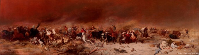 The Black Thursday bushfires, February 6, 1851, as depicted by William Strutt in 1864. Credit State Library of Victoria.