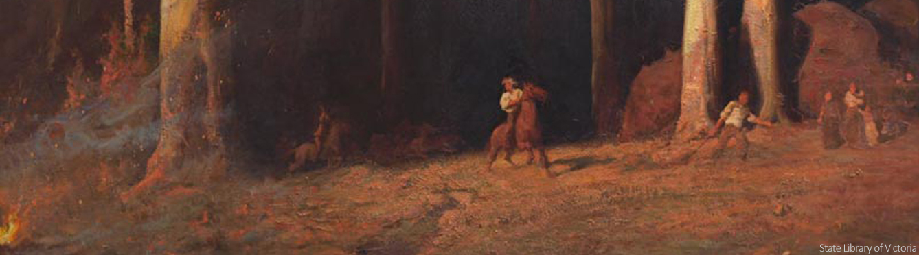 Artwork by John Longstaff depicting a fire in the Gippsland region (1898). Image courtesy the State Library of Victoria.