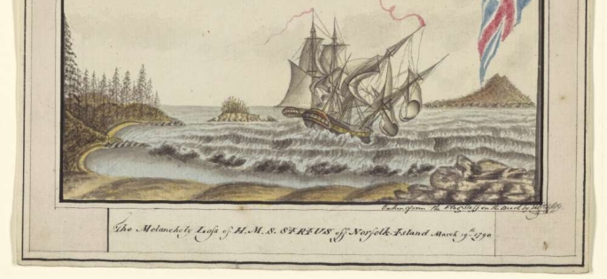 The melancholy loss of H.M.S Sirius off Norfolk Island March 19th 1790, by George Raper. Credit The National Library of Australia.