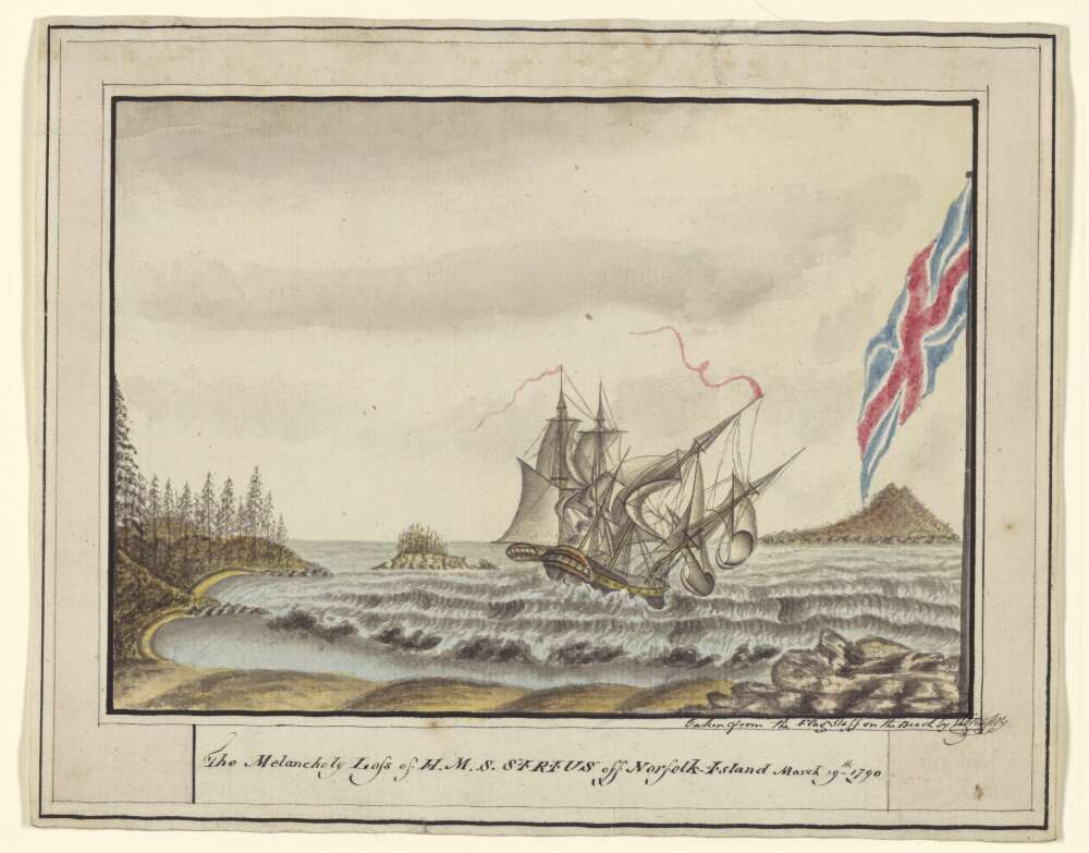 The melancholy loss of H.M.S Sirius off Norfolk Island March 19th 1790, by George Raper. Credit The National Library of Australia.