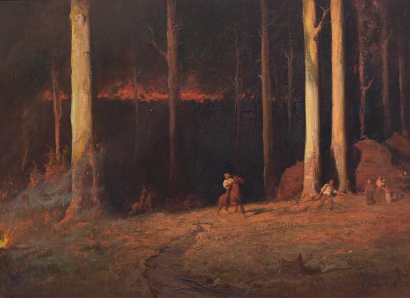 Artwork by John Longstaff depicting a fire in the Gippsland region (1898). Image courtesy the State Library of Victoria.