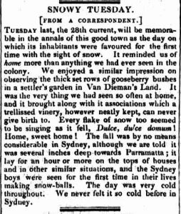 The Colonist, Sydney, NSW, page 4 noted a 'Snowy Sydney' in 1836. Credit National Library of Australia.