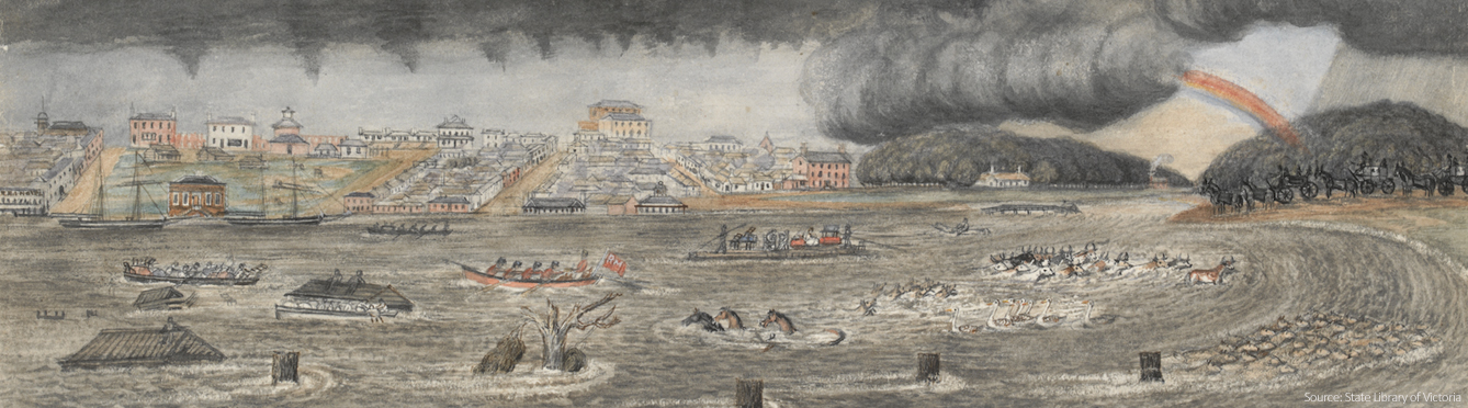 Melbourne Yarra River in flood in 1849, painted by Wilbraham Liardet. Includes the Yarra Hotel to left, with boats and sailing ships, rainbow, horses, cattle, sheep and birds in floodwater. Also shows horse drawn vehicles including carriages to right. Courtesy of State Library Victoria.