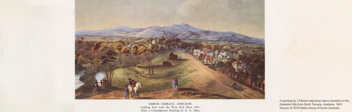 A painting by J Hitchen depicting heavy snowfall on the Adelaide Hills from North Terrace, Adelaide, 1841. Source: B-7070 State Library of South Australia.