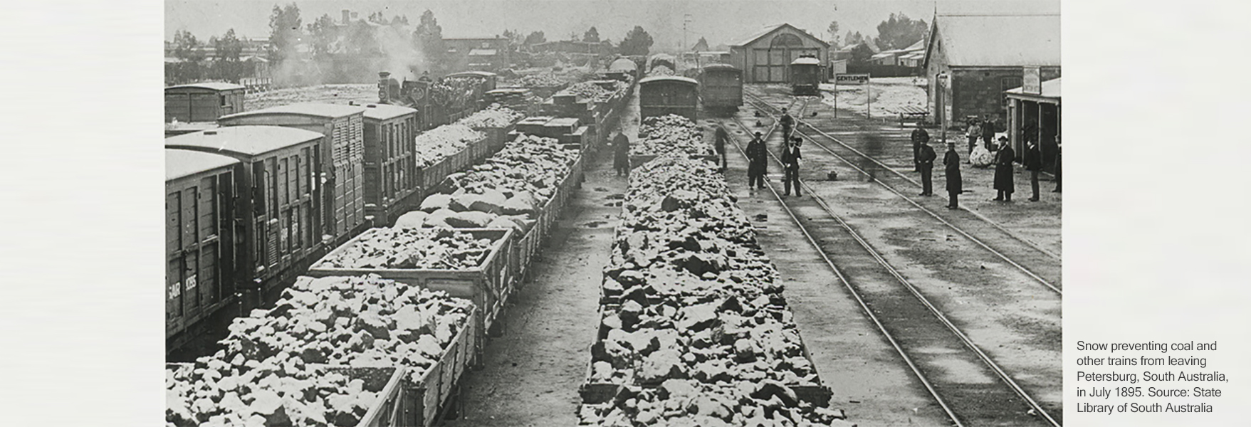 Snow preventing coal and other trains from leaving Petersburg, South Australia, in July 1895.