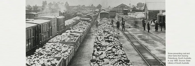 Snow preventing coal and other trains from leaving Petersburg, South Australia, in July 1895.