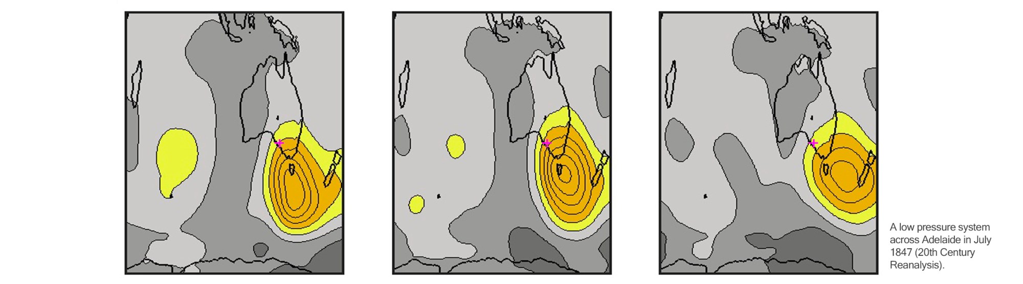 A low pressure system across Adelaide in July 1847.