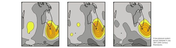 A low pressure system across Adelaide in July 1847.