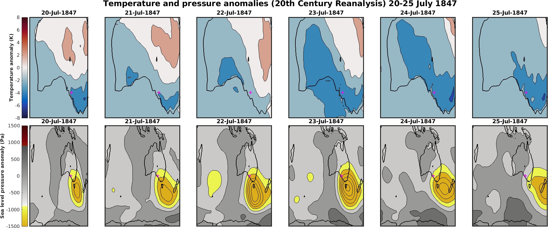 Temperature and pressure anomalies across Adelaide in July 1847.