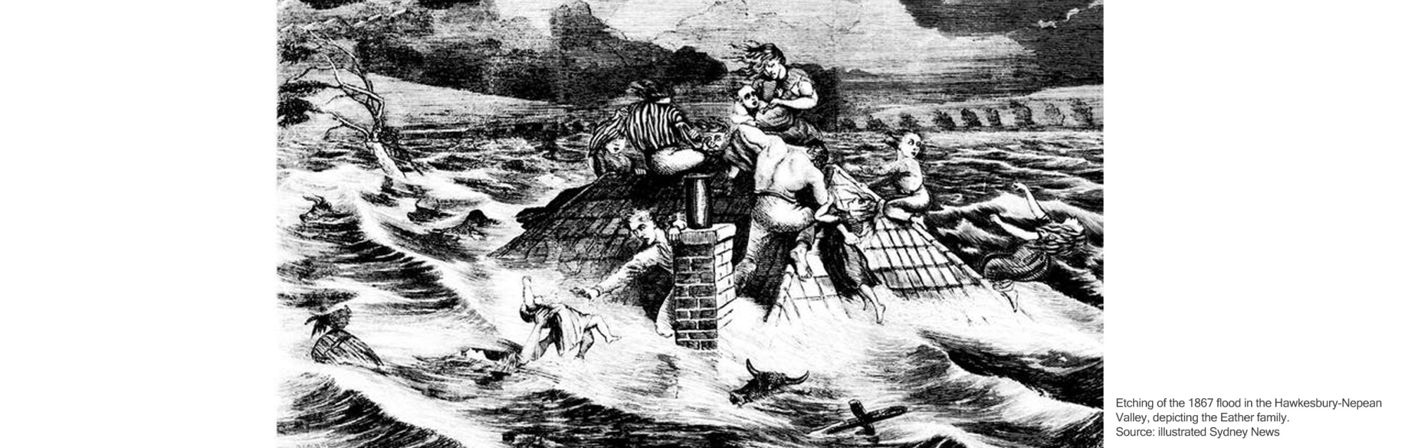 Etching of the 1867 flood in the Hawkesbury-Nepean Valley, depicting the Eather family. Source: illustrated Sydney News.