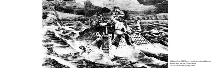 Etching of the 1867 flood in the Hawkesbury-Nepean Valley, depicting the Eather family. Source: illustrated Sydney News.