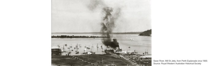 Swan River, Mill St Jetty, from Perth Esplanade circa 1900. Source: Royal Western Australian Historical Society