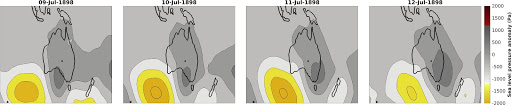The 20th Century Reanalysis field indicates that there was a significant storm across the southern half of Australia in July 1898. The yellow shows low pressure, the orange shows very low pressure, and the dark grey shows high pressure of an anticyclone - all noted by the Government Astronomer in Perth at the time. We can see there was a persistent low pressure system (shown as yellow and orange with isobars very close together) which moved across Australia from West to East.