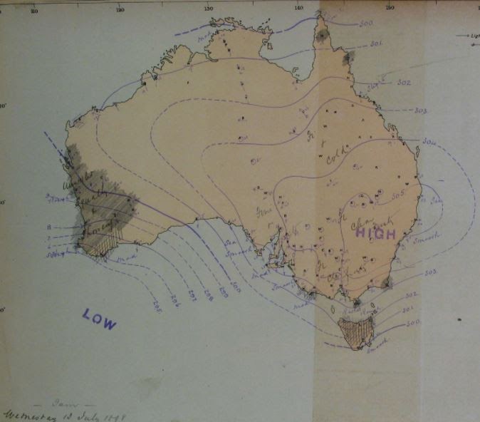 A historical synoptic map dated 13 July 1898, where the shading shows heavy rainfall. Low and high pressure systems are also comparable to the 20th Century Reanalysis as well. Source: Sir Charles Todd’s Meteorological journals on MERIT.